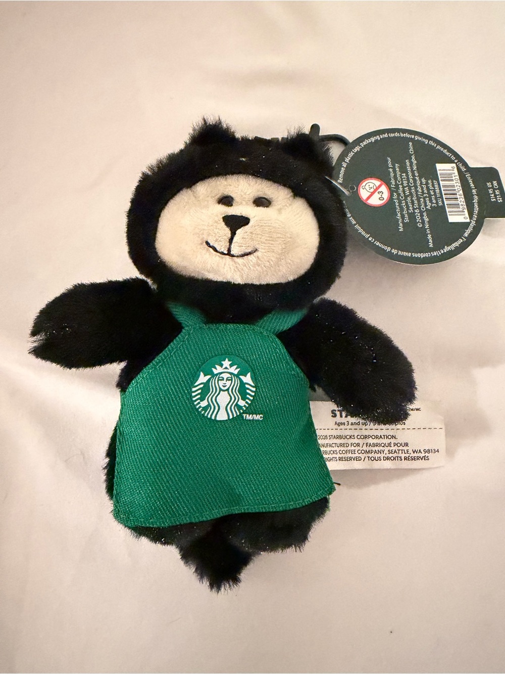 Starbucks Black and Cream Bear Plush with Green Apron